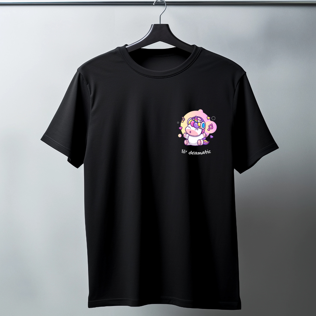 Black t-shirt with a colorful cartoon character and text on a gray background