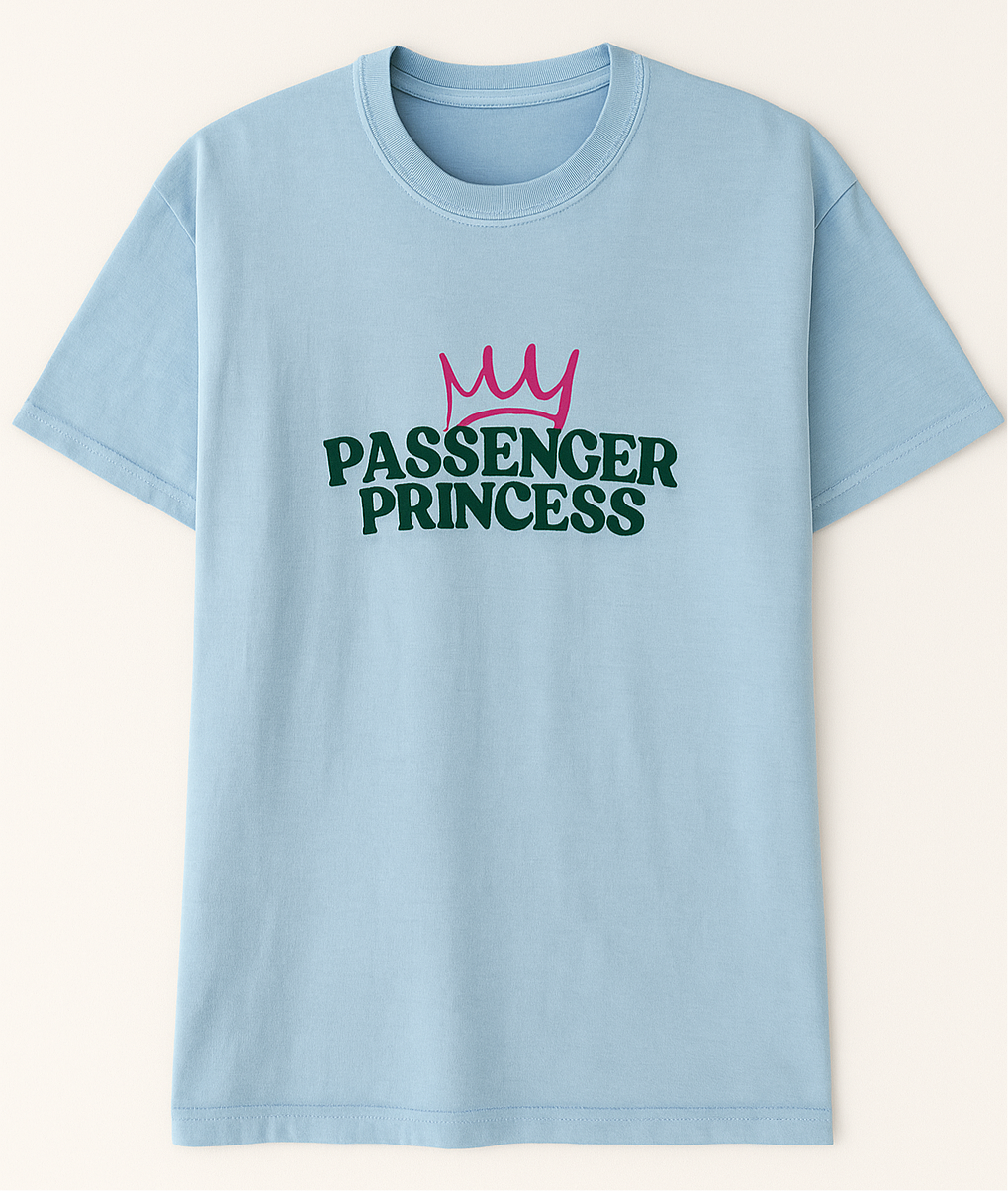 Passenger Princess sky blue graphic t-shirt β front view | Stack Apparel Co