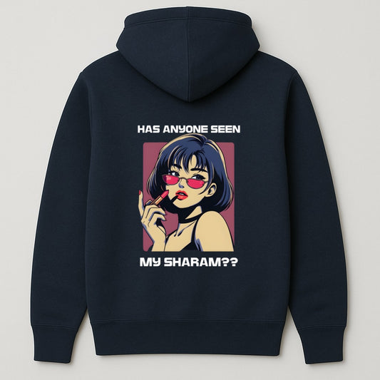 Funny graphic hoodie with anime-style illustration and text "Has Anyone Seen My Sharam?" printed on the back – navy unisex hoodie