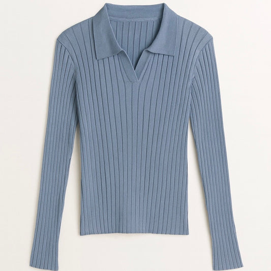Ribbed Polo Long Sleeve Top