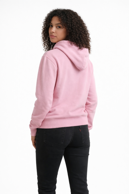 Person wearing a pink hoodie on a white background