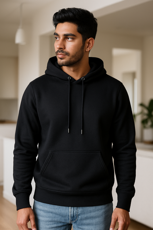 Front of premium fleece pullover hoodie in black – Stack Apparel Co.
