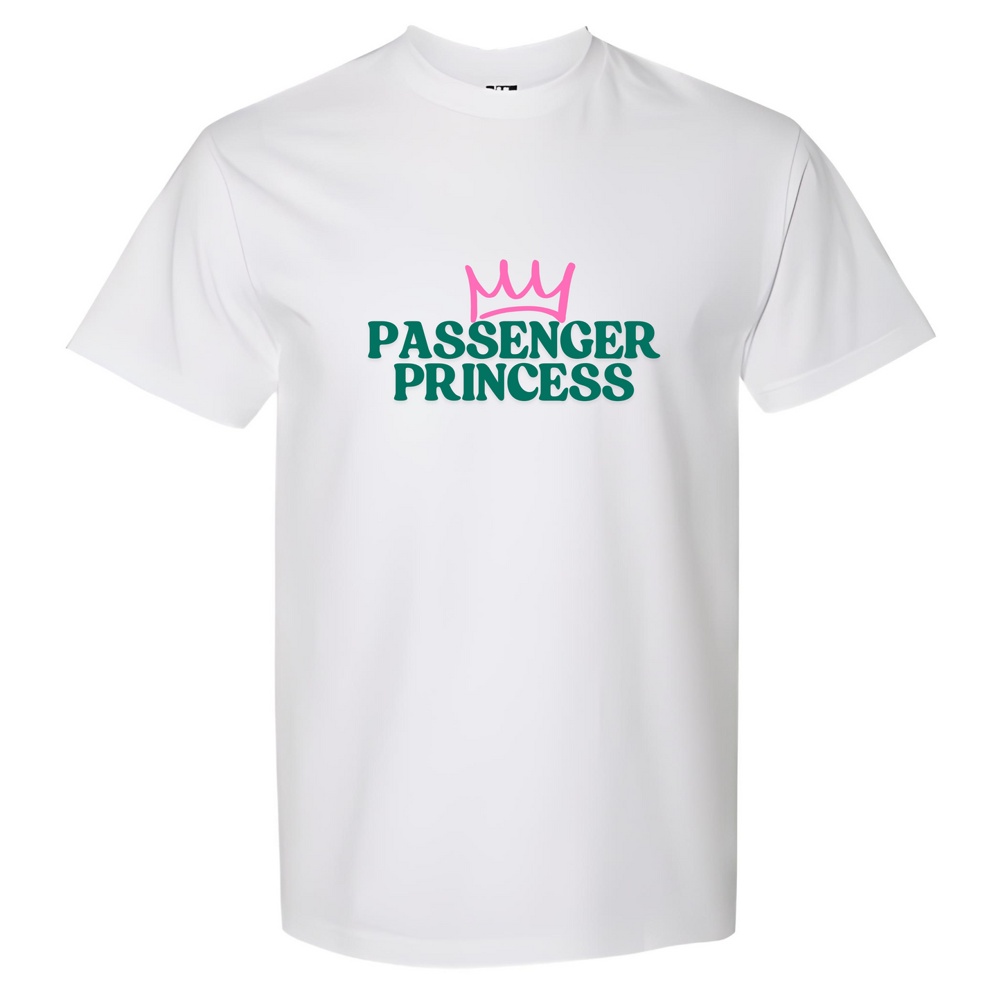 Passenger Princess white graphic t-shirt – front view | Stack Apparel Co