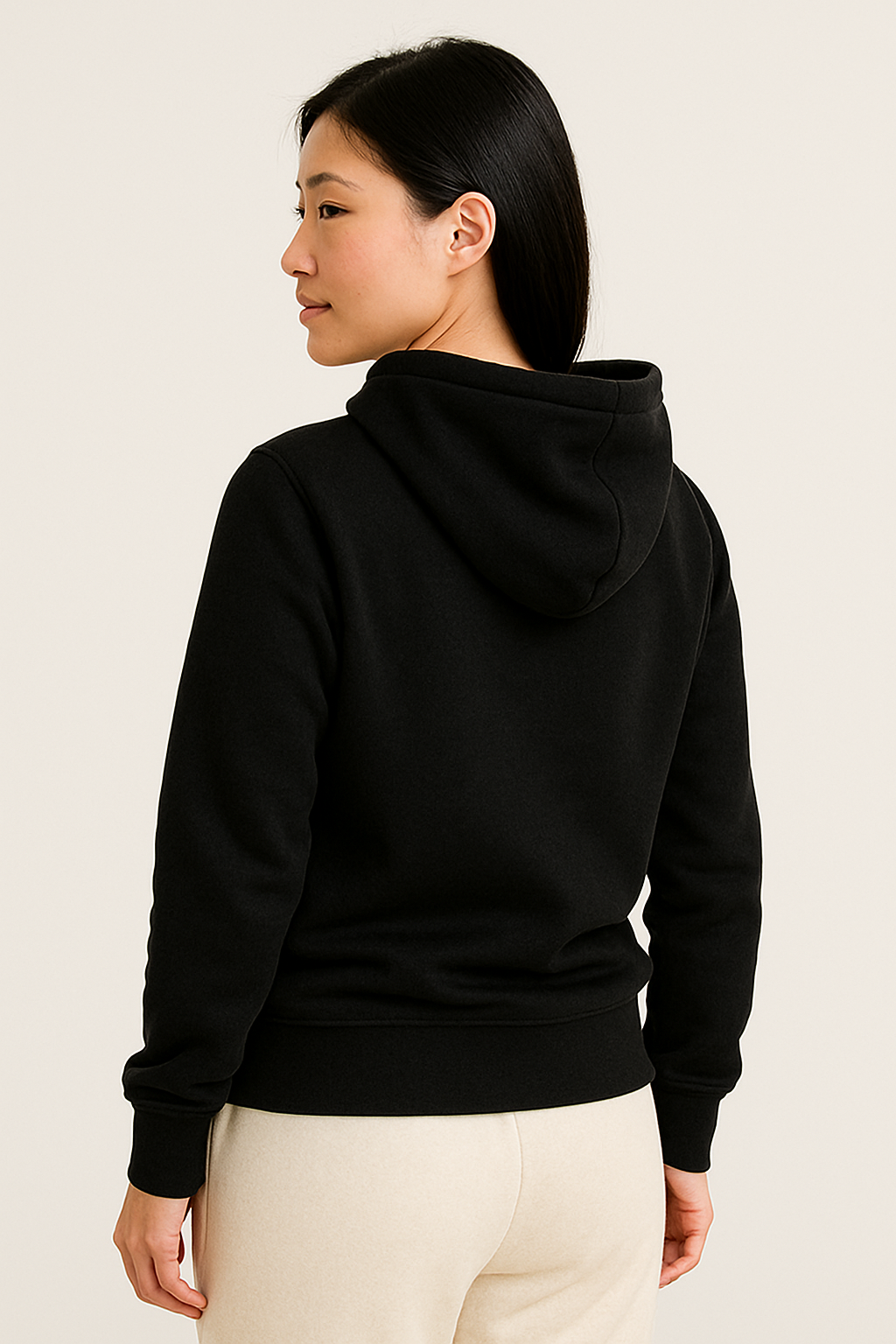 Back view of cozy fleece hoodie with adjustable drawstrings