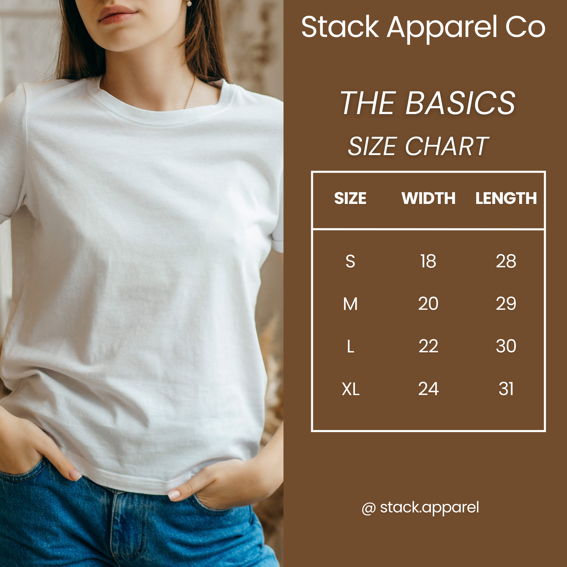 Person wearing a white t-shirt with a size chart on a brown background