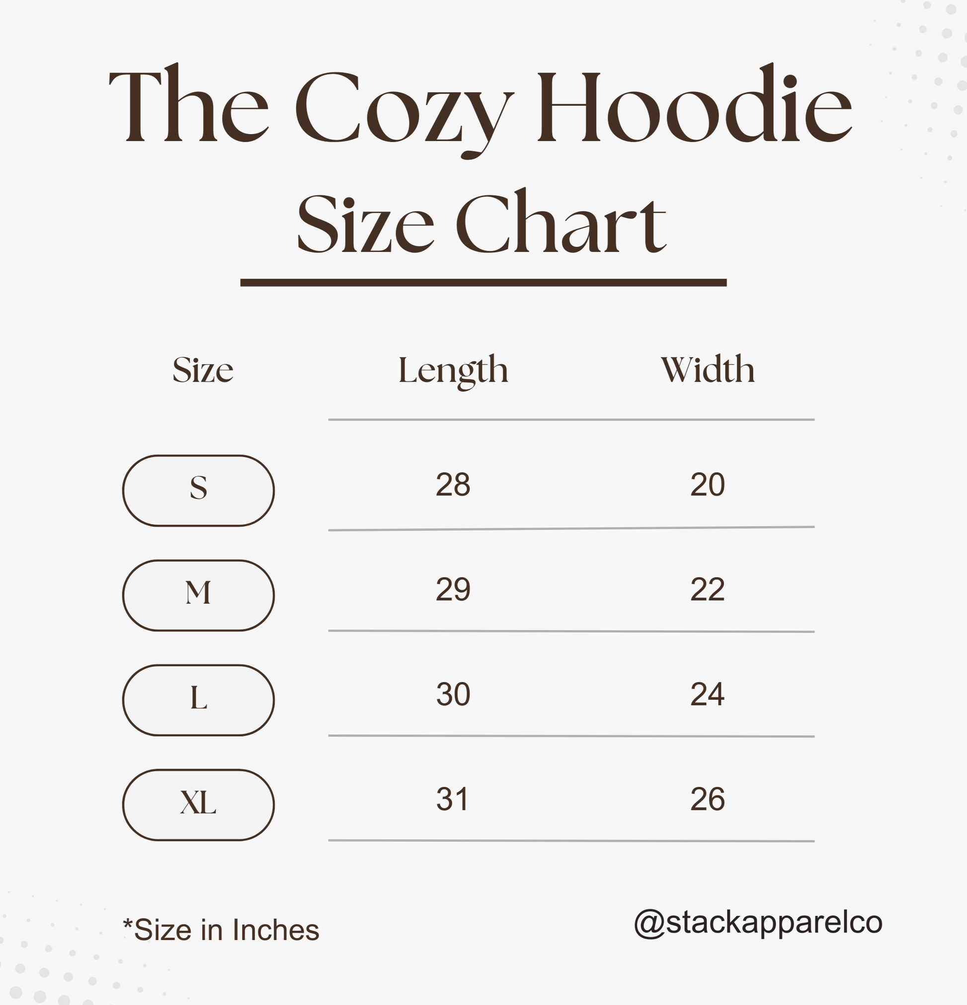 Size chart for 'The Cozy Hoodie' with dimensions in inches.