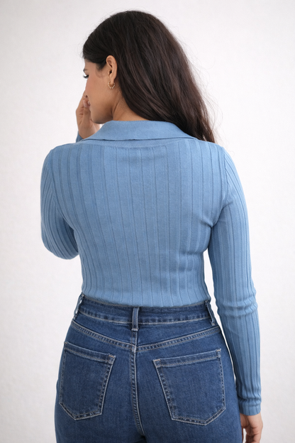 Ribbed Polo Long Sleeve Top