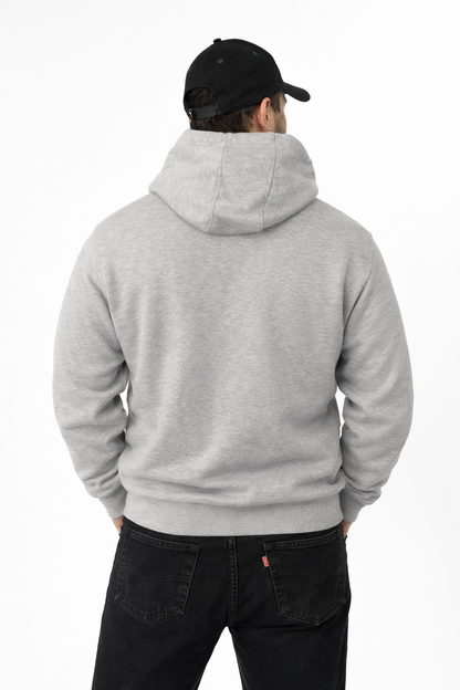 Person wearing a gray hoodie and black cap from behind on a white background