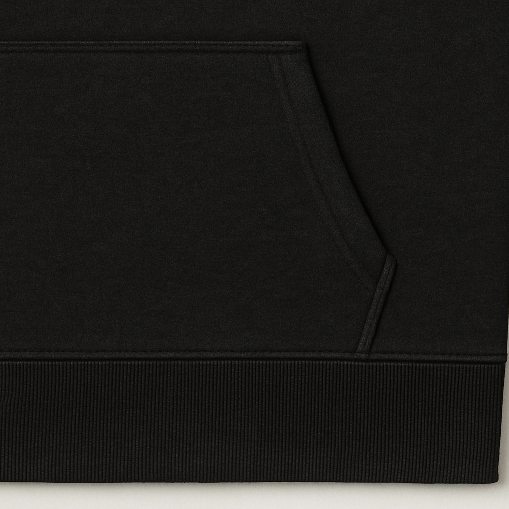 Close-up of kangaroo pocket and ribbed cuffs on hoodie